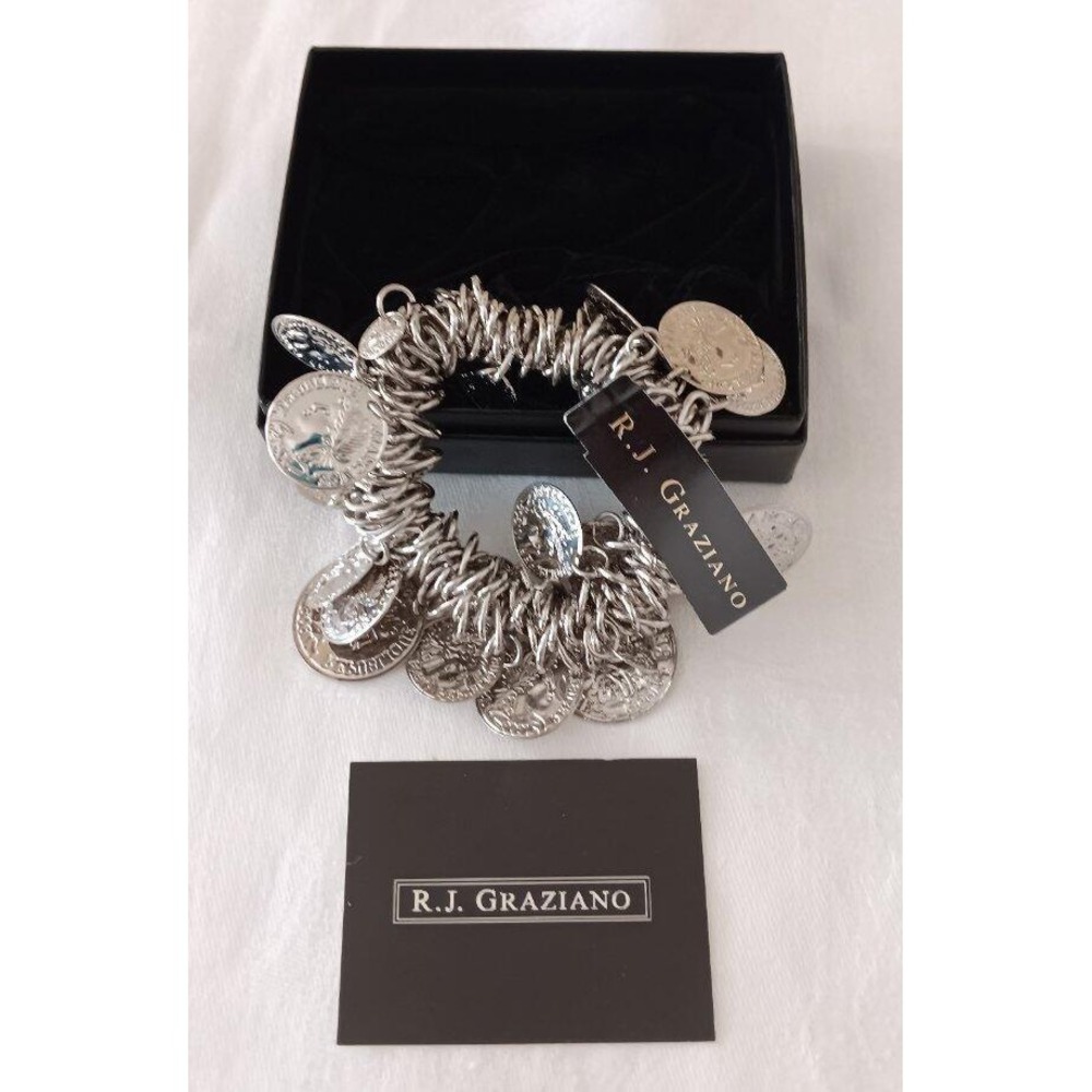 NIB RJ Graziano French Coin Charm Bracelet Stretch Silvertone New Cha Cha